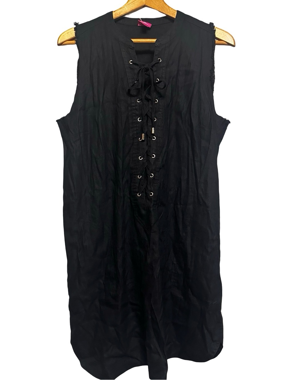 Trina Turk Black Linen Blend Lace Up Front Sleeveless Mini Dress Size Large